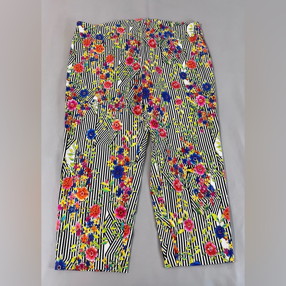 Attyre Cropped Pants Womens‎ Sz 24W Black White Stripe Red Blue Floral Stretch